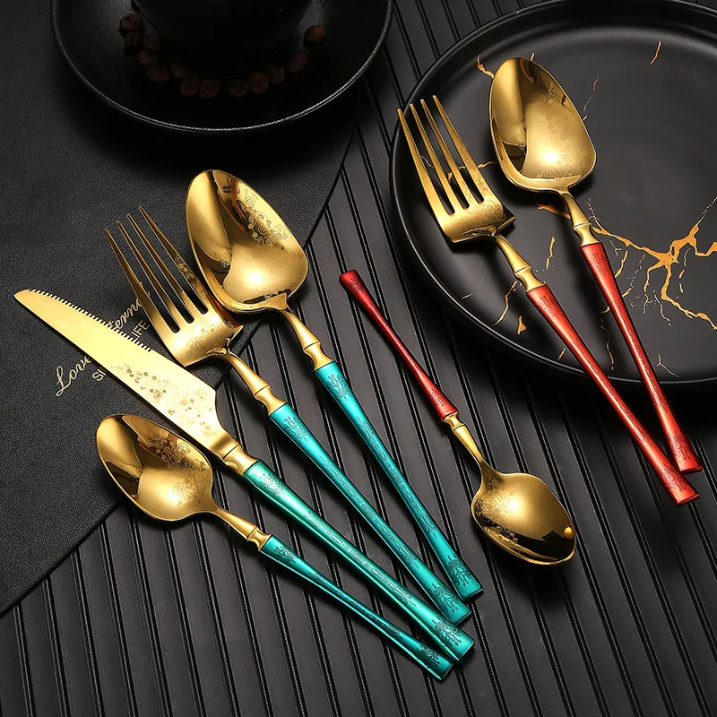 

304 Stainless Steel Exquisite Carved Decorative Pattern Tableware Steak Knife and Fork Hotel Restaurant Knife and Fork Spoon Set