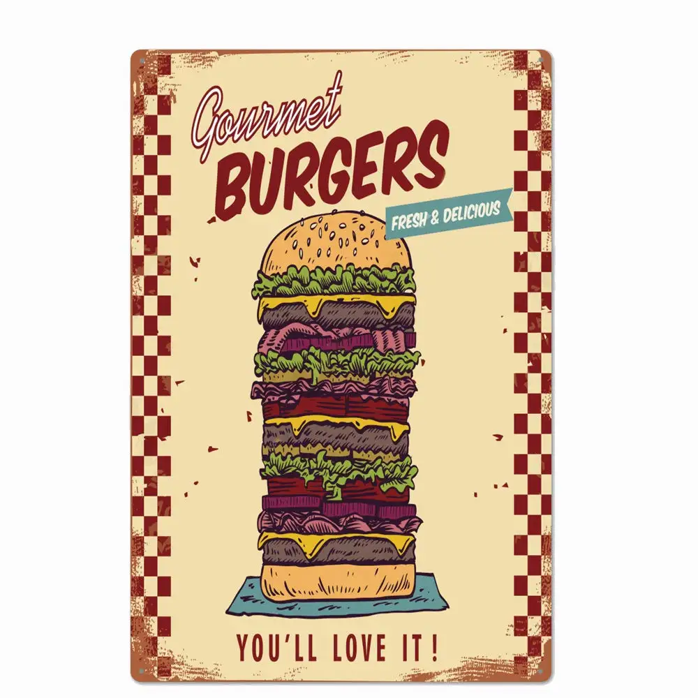 Retro Design Gourmet Burgers Tin Metal Signs Wall Art | Thick Tinplate Print Poster Wall Decoration for Kitchen