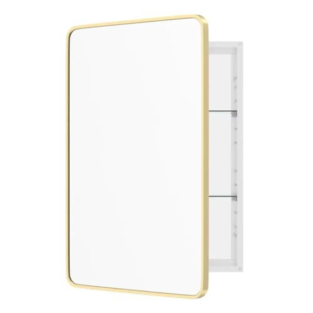 Aluminum Alloy Gold Medicine Cabinet Adjustable Glass Shelves Clear HD Silver Reflection 24x36 Inch