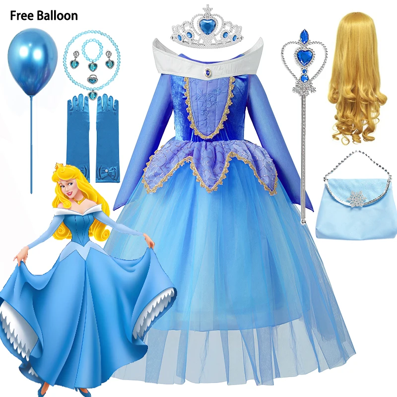 Aurora Blue Princess Dress 2024 Kid Christmas Cosplay Dress Elegant Floral Rose Print Gown Girl Sleeping Beauty Cosplay Costume