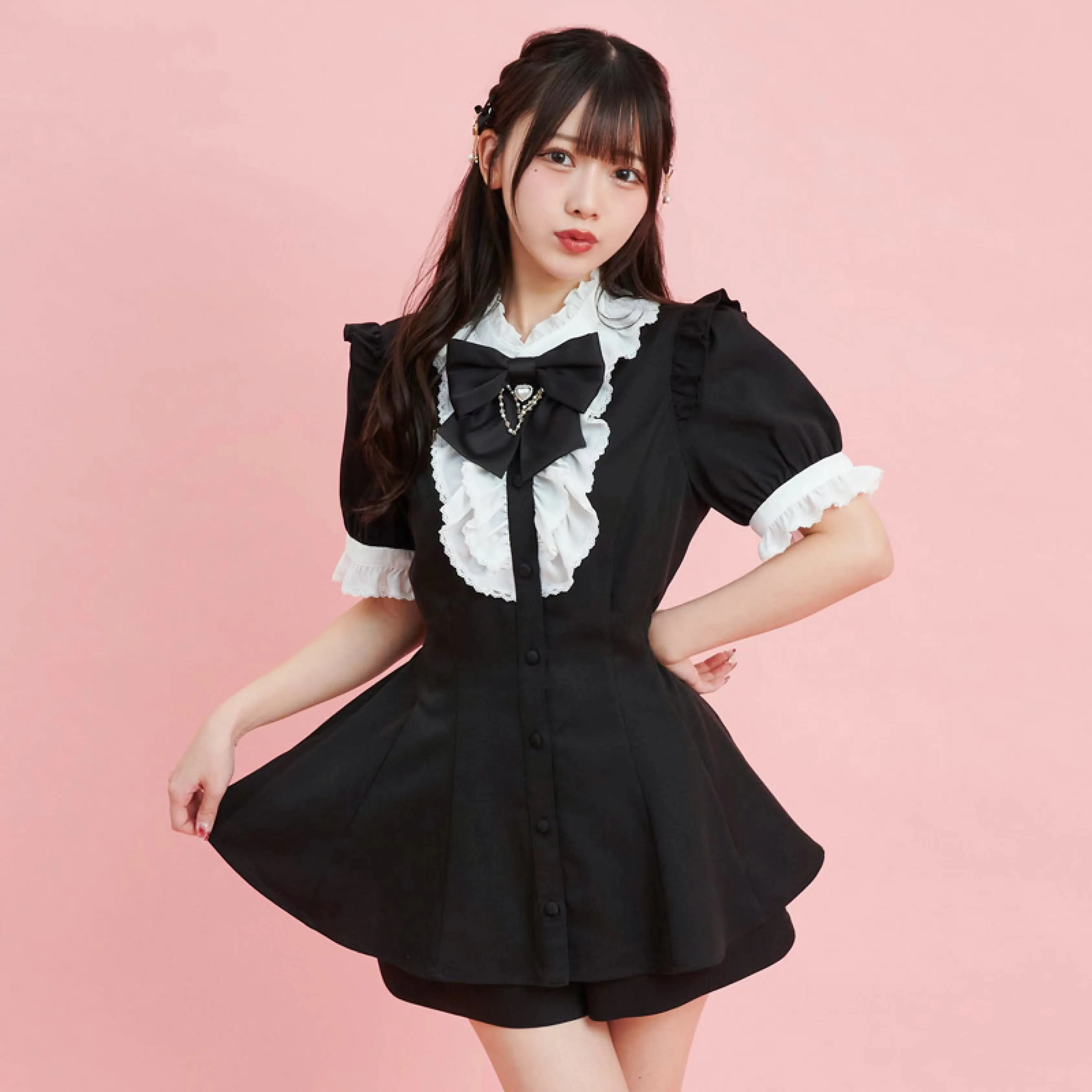 Dophee Japan Style Women Two-piece Sets Elegant Love Button Bow Puff Short Sleeve Shirt Dress Loose A-line Shorts Suits Gothic