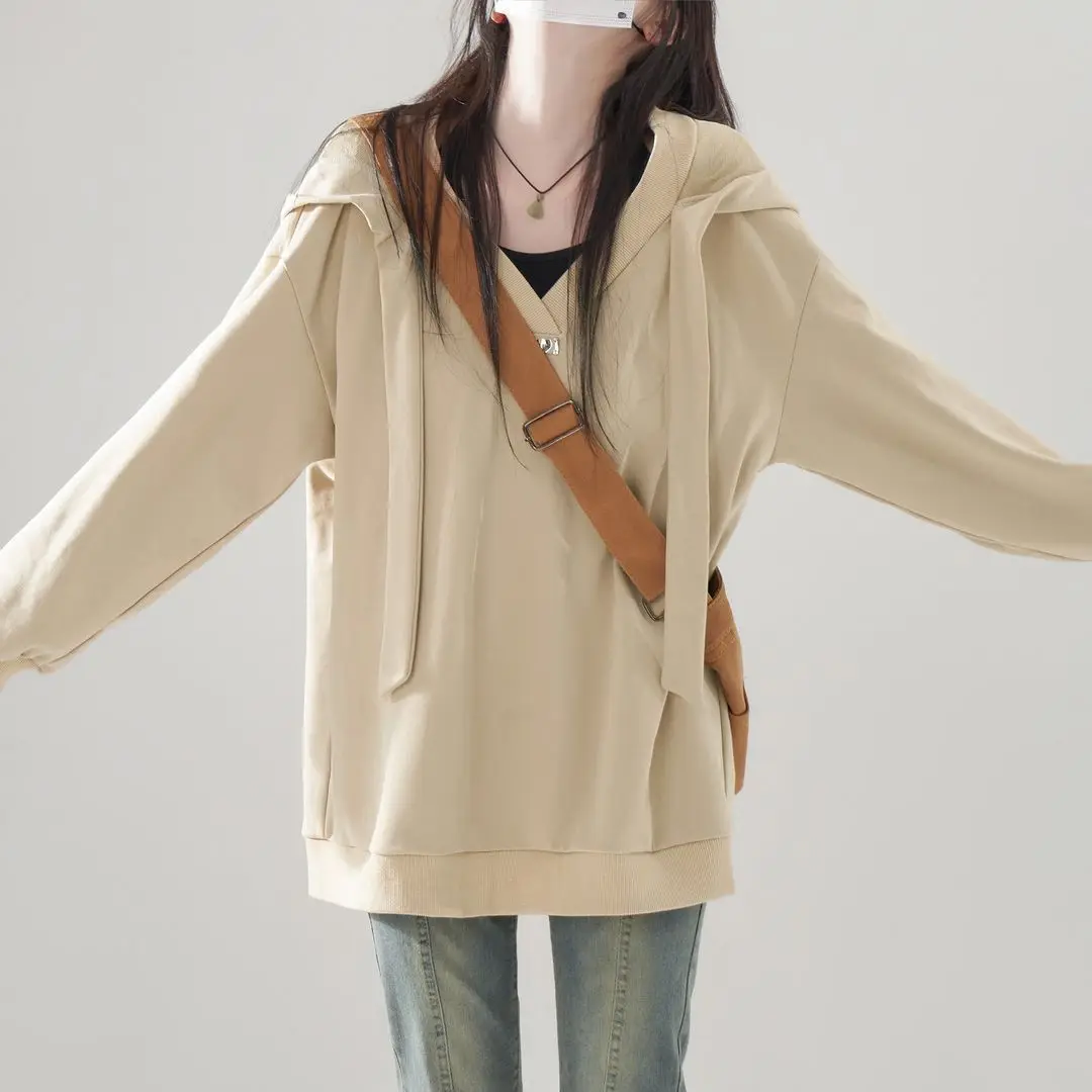 Autumn Winter Long Sleeve Women Hooded Sweatshirt Teenagers Korean Fashion Simple Harajuku Oversized Clothing Campus Daily Khaki