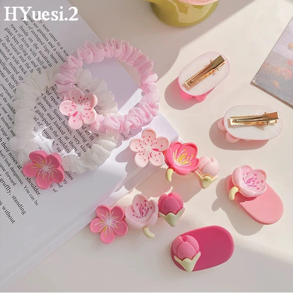 Sweet Pink Cherry Blossom Hair Clip Elastic Flower Charms Hair Ties Summer BB Duckbill Hairpins For Kids Girls Headwear