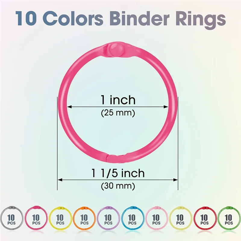 AED5-100PCS Anéis de pasta com 1 caixa organizadora transparente - 1 anéis de papel metálicos coloridos de folhas soltas de 1/5 polegadas