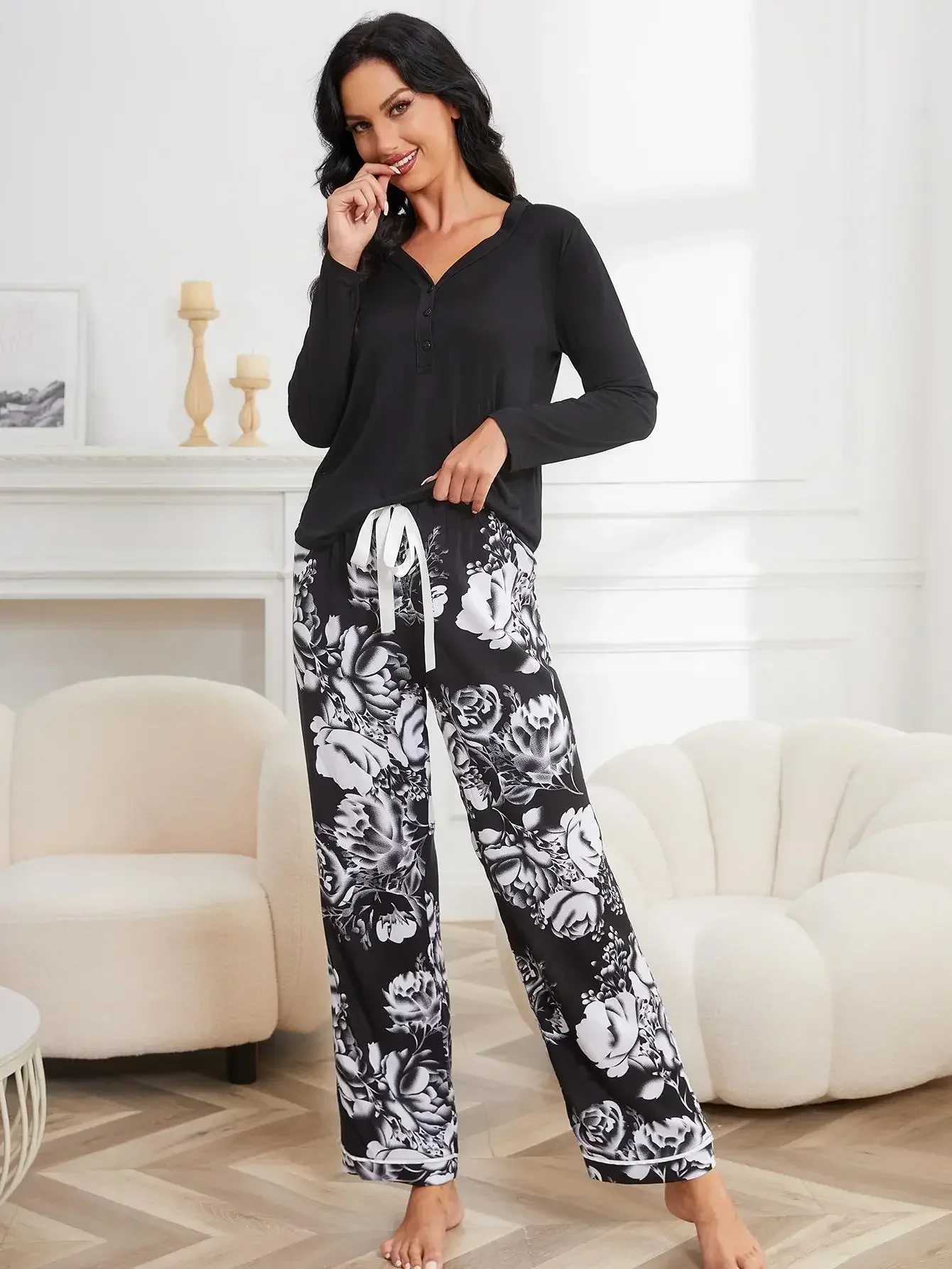 Front Button Women Pajama Set V Neck Long Sleeve Top & Floral Print Pants Sleepwear 2 Pieces Fall Female Nightwear Homwear Cloth