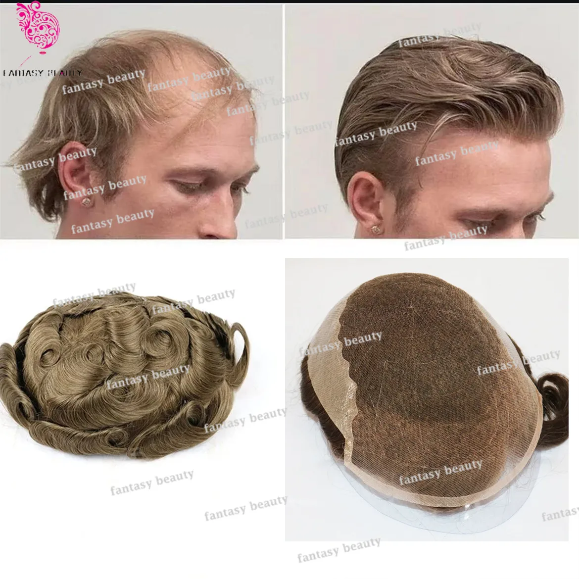 เส้นผมธรรมชาติ Mens Toupee ผมชิ้น Q6 ลูกไม้สวิสและ PU มนุษย์ผมสีบลอนด์สีดํา Breathable Bleach BUCKLE Capillary Prosthesis