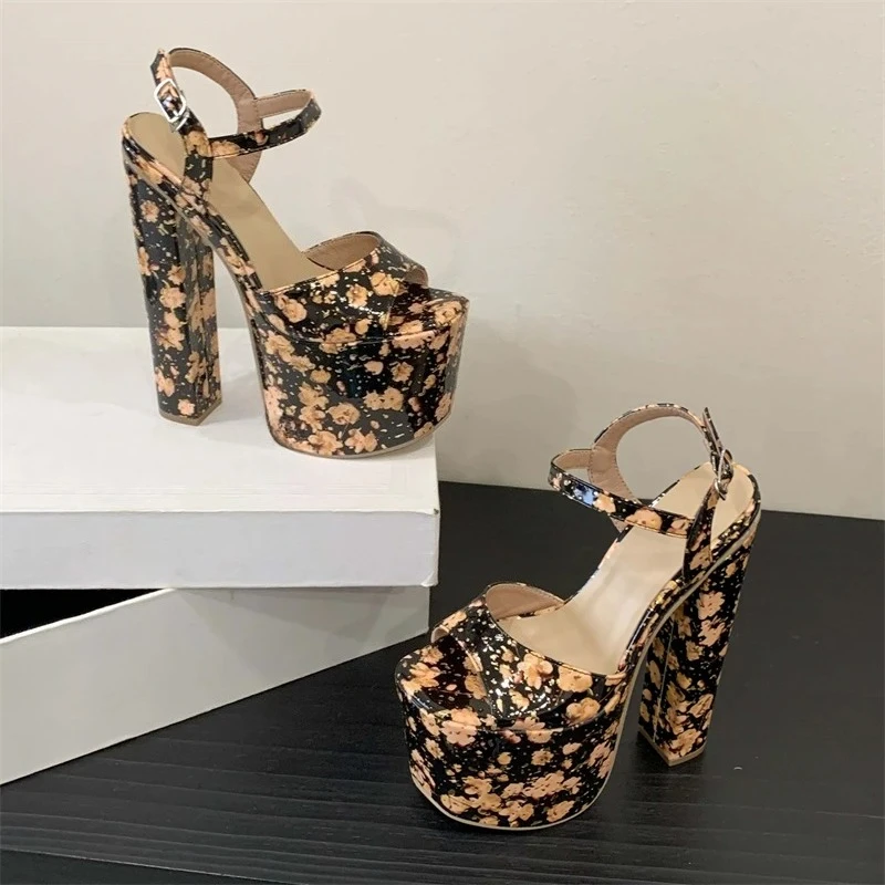 

Aneikeh Fashion Platform Design Pattern Totem Peep Toe Buckle Strap Women Sandals Party Square High Heels Shoes