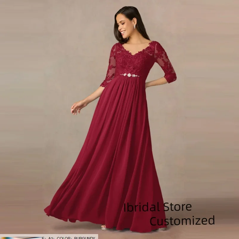 

Customized Chiffon Mother of The Bride Dresses Lace Appliques Belt Formal Evening Dresses V Neck Wedding Guest Dresses for Women