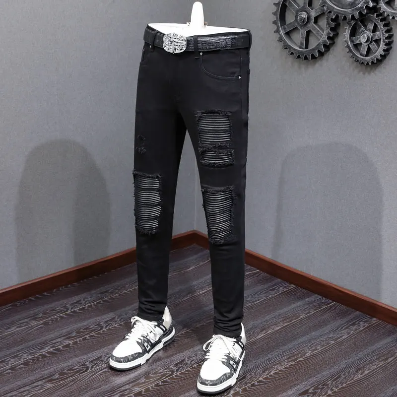 

High Street Fashion New Men's Jeans Washed Nostalgic Stretch Slim Fit Patchwork Black Jeans Hip Hop Brand Pants Hombre