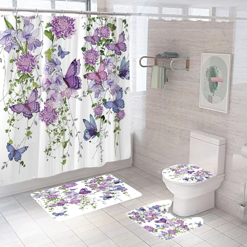 Purple Flower Butterfly Printed Waterproof Bathroom Shower Curtain Set Non-Slip Bath Mat Rug Sets Toilet Cover Bathroom Decor