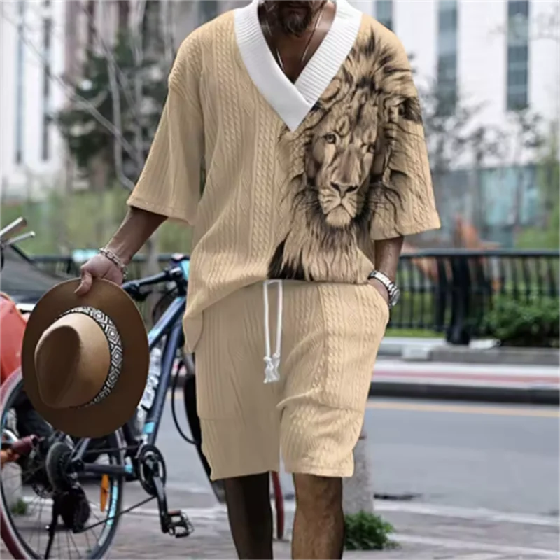 

New daily casual V-neck comfortable half-sleeve set, 3D digital printing personalized customization, street men's style