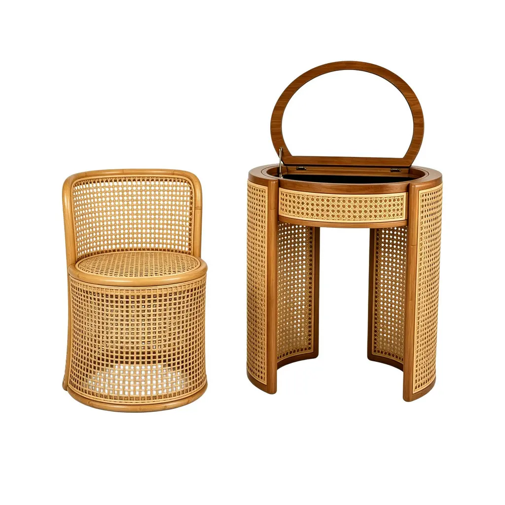 #High-End Custom Wood Rattan Bathroom Makeup Vanity Set Wicker Kids Dressing Table with Mirror and Storage for Salon Beauty Shop