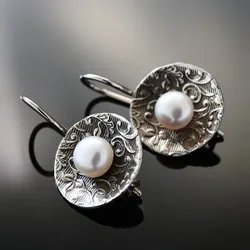 Vintage Silver Color Earrings for Women Carving Flower Imitation Pearl Jewelry Dangle Earrings Party Gift