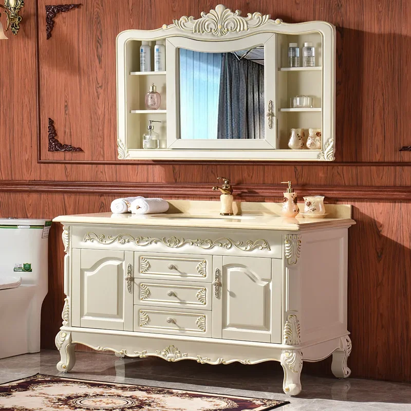 

Light Luxury European -style Bathroom Cabinet Oak Solid Wood Floor -to -ceiling Washbasin Combination Marble Table Pot Bath