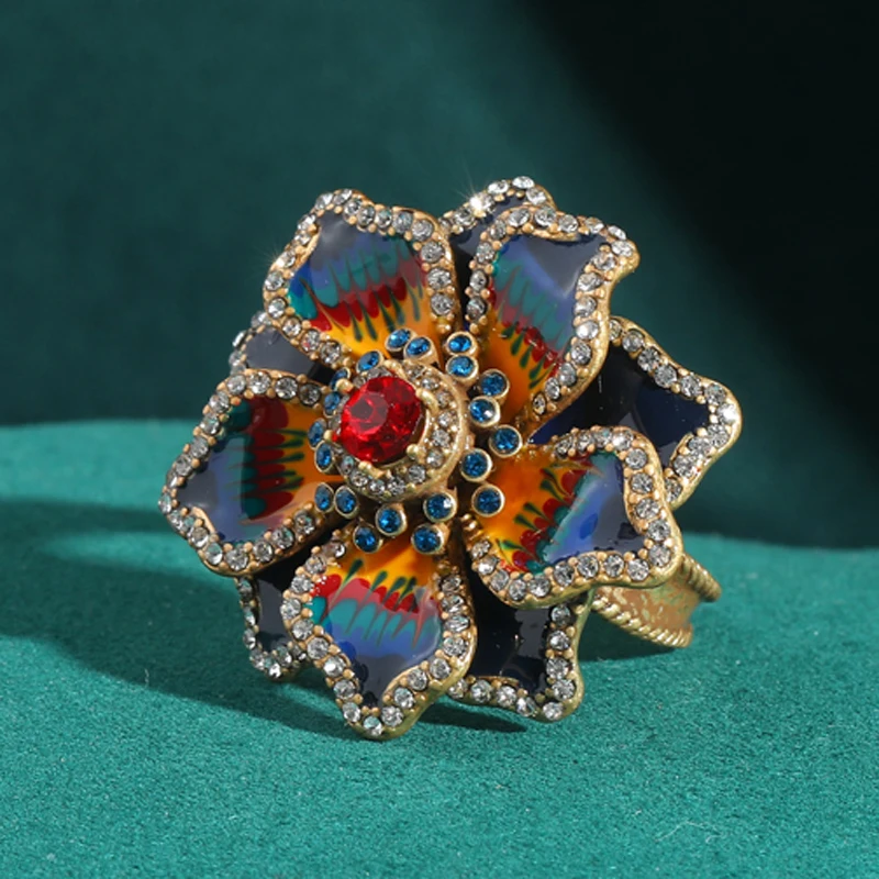 Vintage Enamel Rings Flower Peacock Ring - Image 3