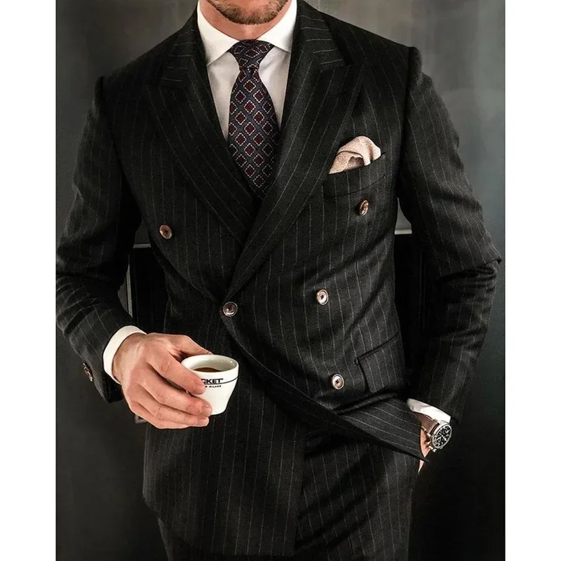 2 Piece Luxury Black Men Suits Regular Length Double Breasted Peak Lapel Flat Front  Jacket Pants Elegant Male Clothing Terno