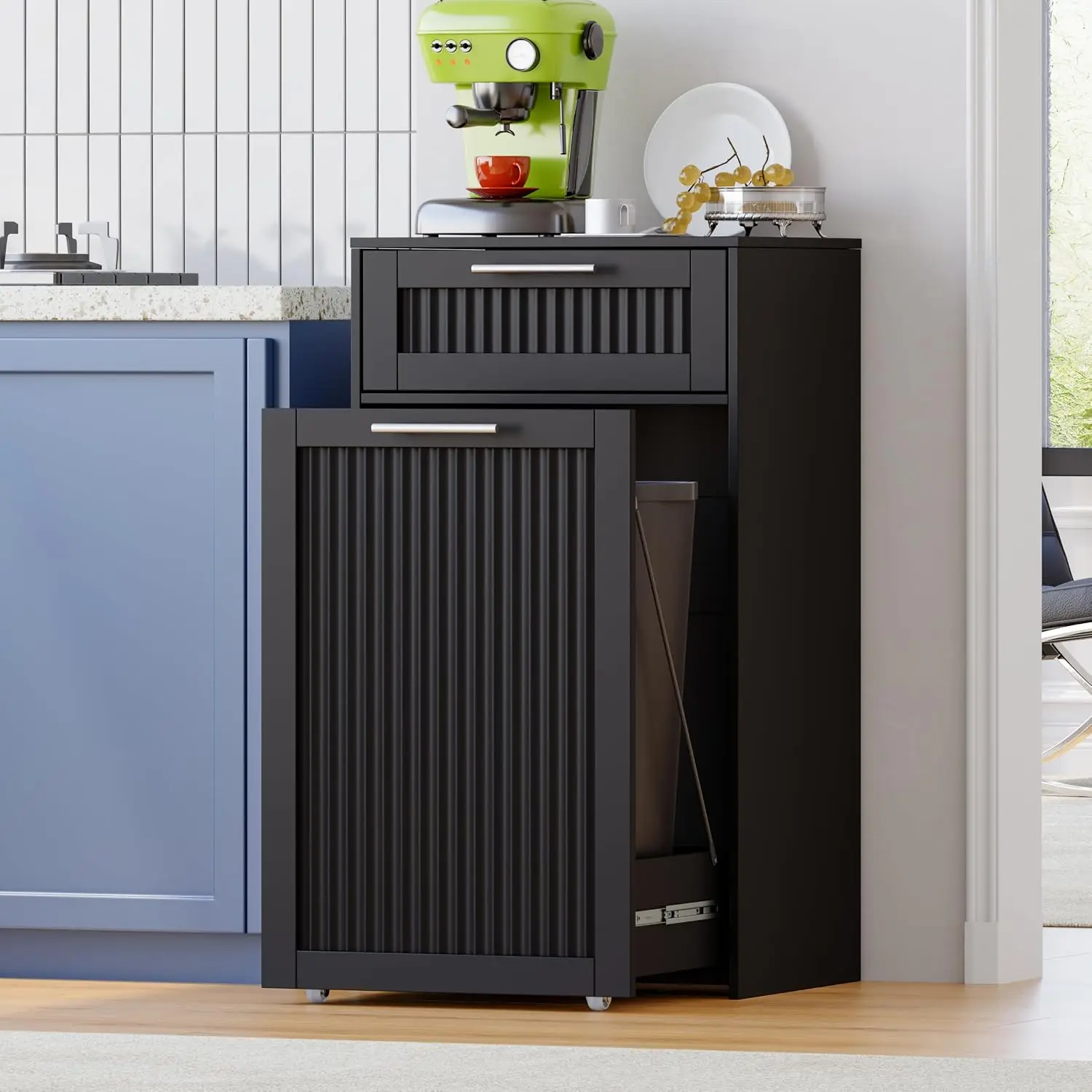 Single 13 Gallon Pull Out Trash Can Cabinet With Drawer, Customized