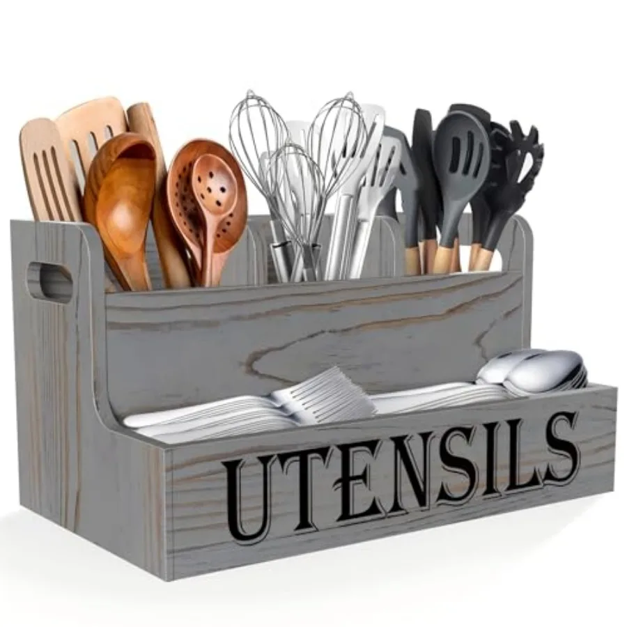 

Kitchen Utensils Holder, Wooden Utensil Organizer for Kitchen Countertop, Farmhouse Utensil Storage, Rustic Cooking Utensils, 4