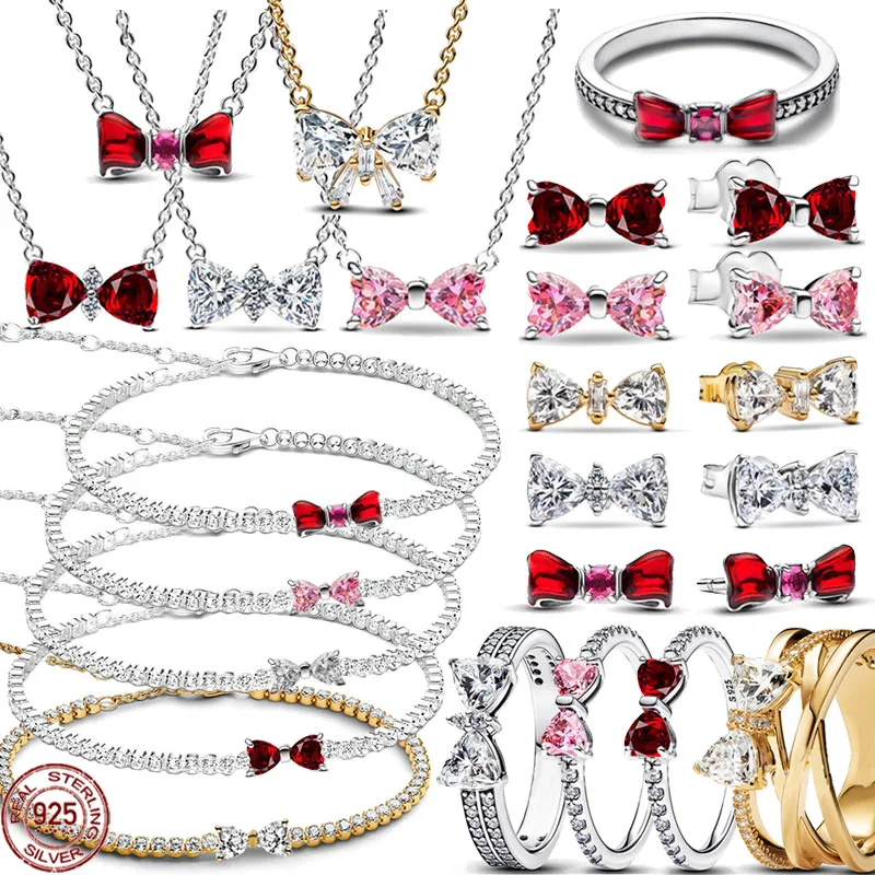 

Exquisite New 925 Sterling Silver Shiny Bow Series Ring Bracelet Necklace Classic Luxury Charm Women's Jewelry Anniversary Gifts