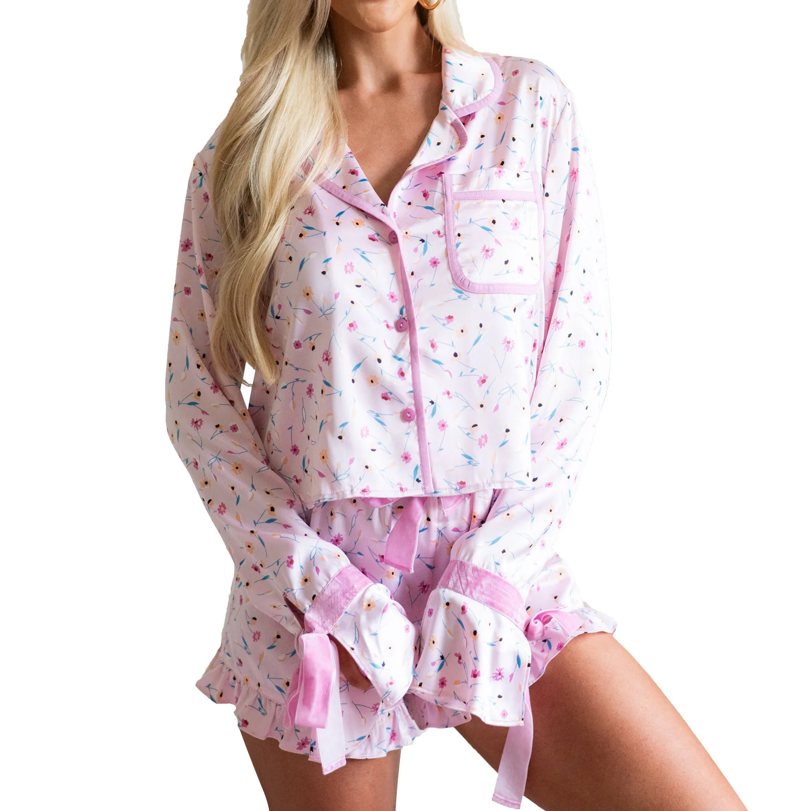 

Women Floral Pajama Set Long Sleeve Tie-up Button Closure Shirt with Shorts Sleepwear Loungewear