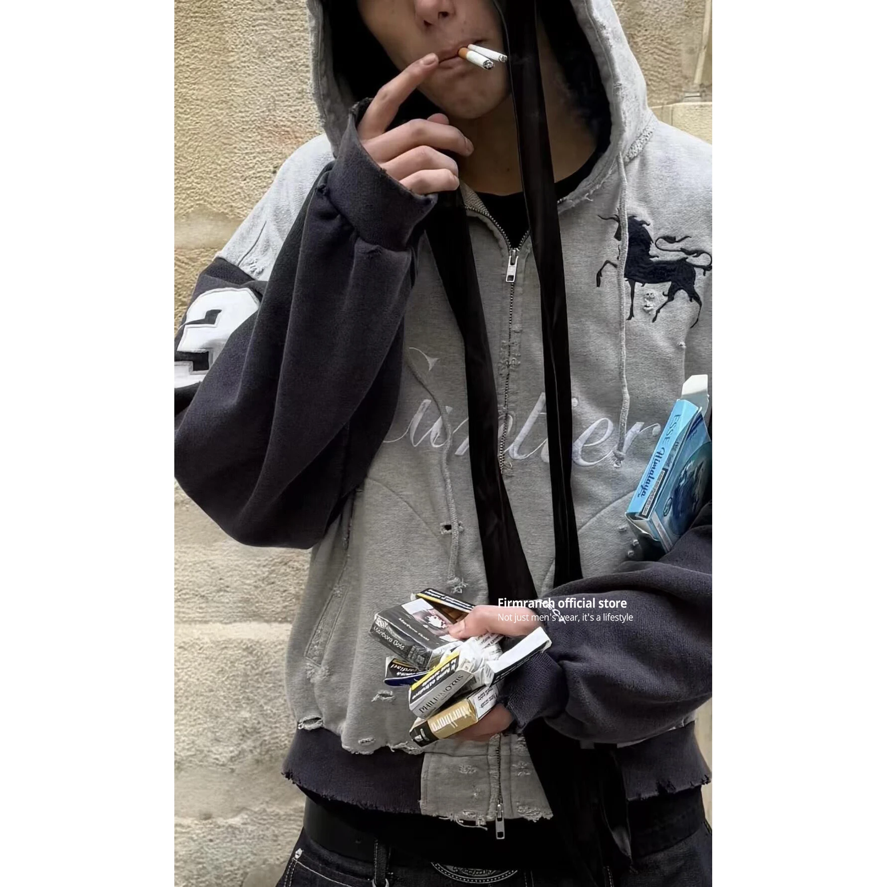 

Firmranch 2025 Korean High Street Retro Washed, Torn, Pony Embroidered, Splicing, Zipper Hoodie For Men Women Loose Jacket