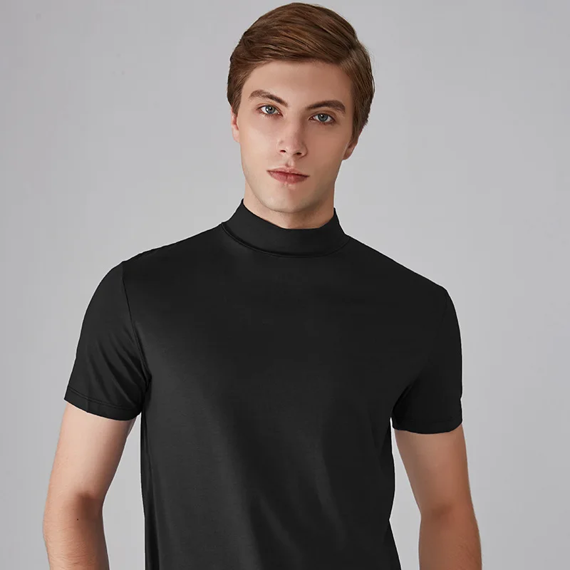 Mens High Neck Slim Fit T-shirt Male High Quality In Summer Casual Short-sleeved T-shirt/Men Slim Fit High Collar Leisure T-shir