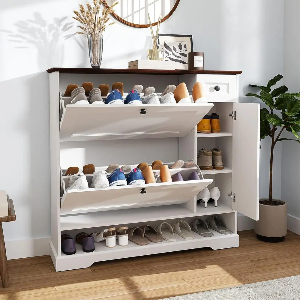 

White Shoe Cabinet with Double Lip Doors and Side Storage, Adjustable Shelf Shoe Organizer, Shoe Rack with Drawer, Entryway Shoe