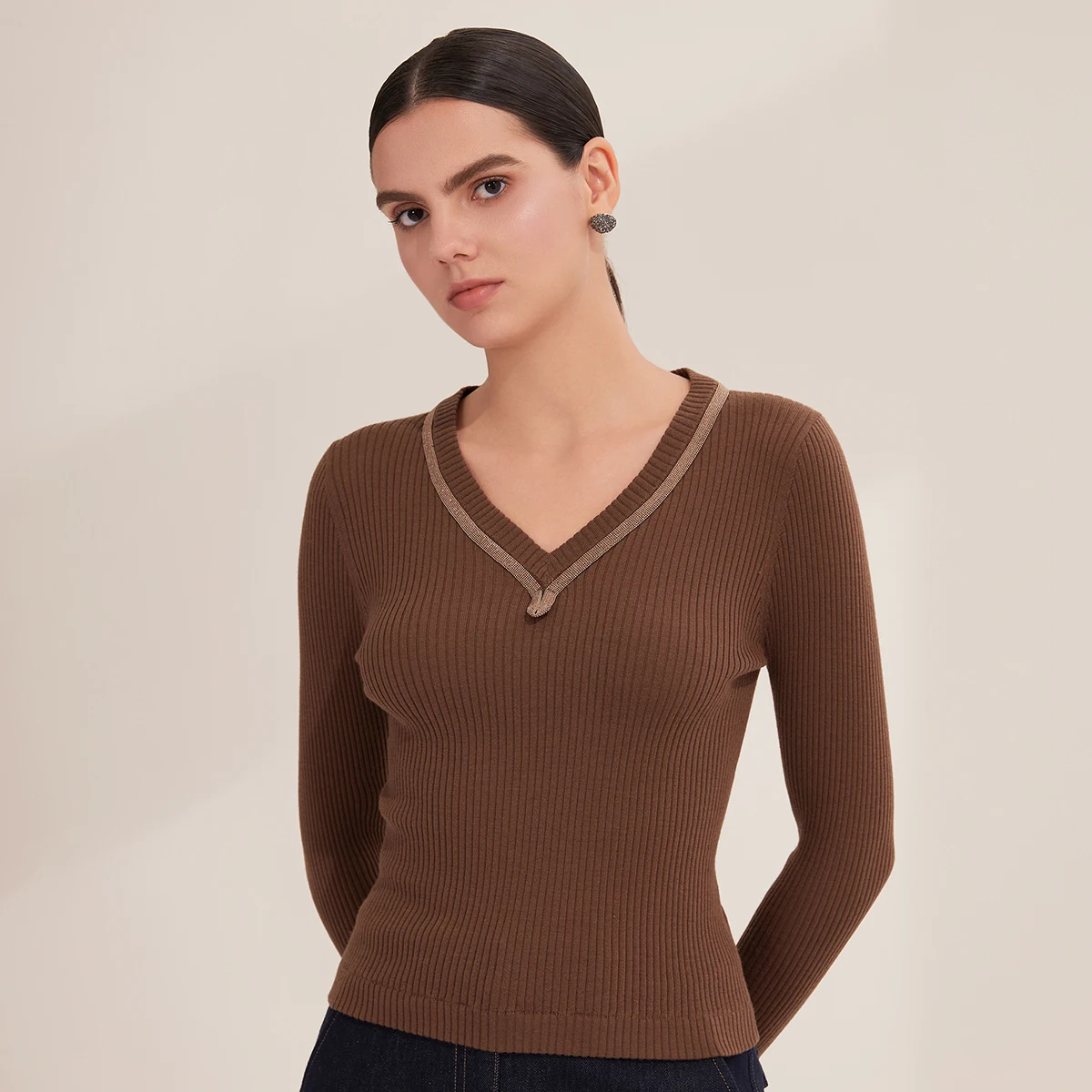 

BY4521269 Designer Style Women’s Wool Knitwear 100% Wool V-Neck Ribbed Pullover Soft Lightweight Sweater