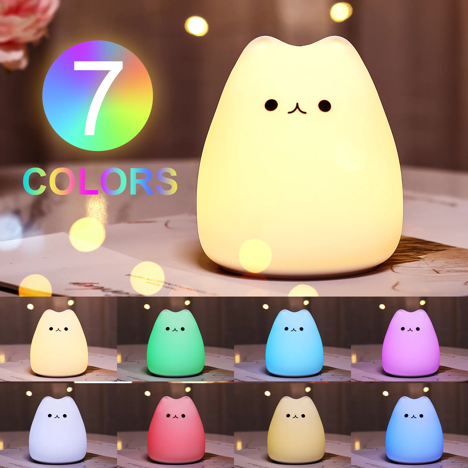 Mini Kawaii Popular Cat Baby Night Lamp 7-color Pat Touch Color-changing Eye Protection Bedroom Bedside Nightlight Gift Children