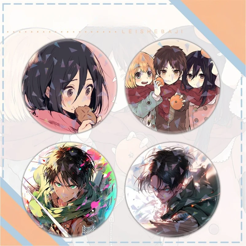 58mm Eren Jaeger Mikasa Ackerman Armin Arlert High Quality Laser Glossy Metal Badges Tinplate Brooch Schoolbag Clothes Pendant