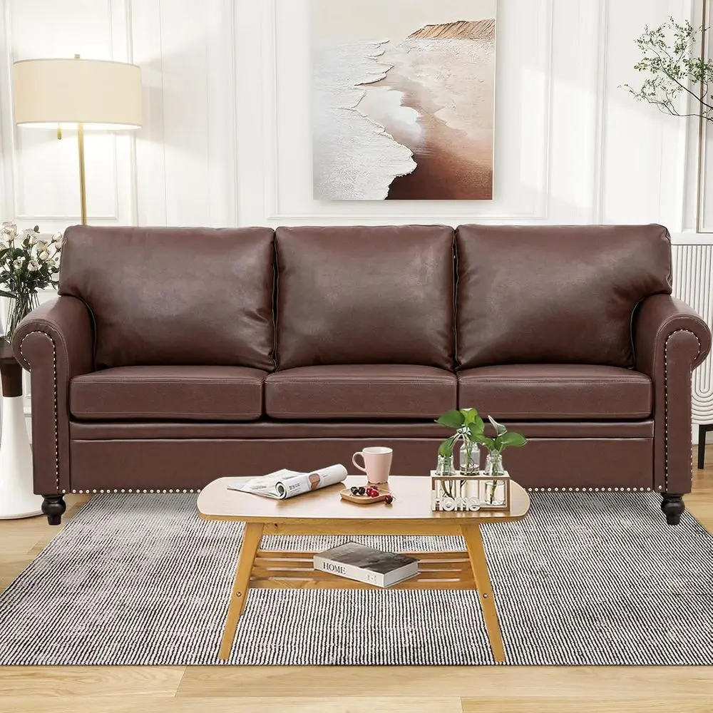 

Mid-Century Modern 3-Seater Brown PU Leather Sofa with Rolled Arm and Rivet Accents for Living Room, Easy Assembly