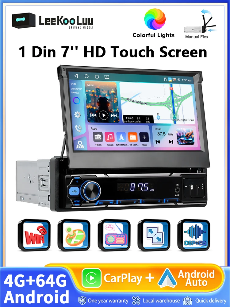4 + 64G 1 Din Autoradio 7 Inch Flip Out HD Touchscreen Multimedia Speler Ondersteuning Carplay Android Auto GPS Stereo WIFI Mirrorlink - afbeelding 2