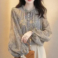 Floral Chiffon Top for Women Trendy and Chic Long-sleeved Shirt