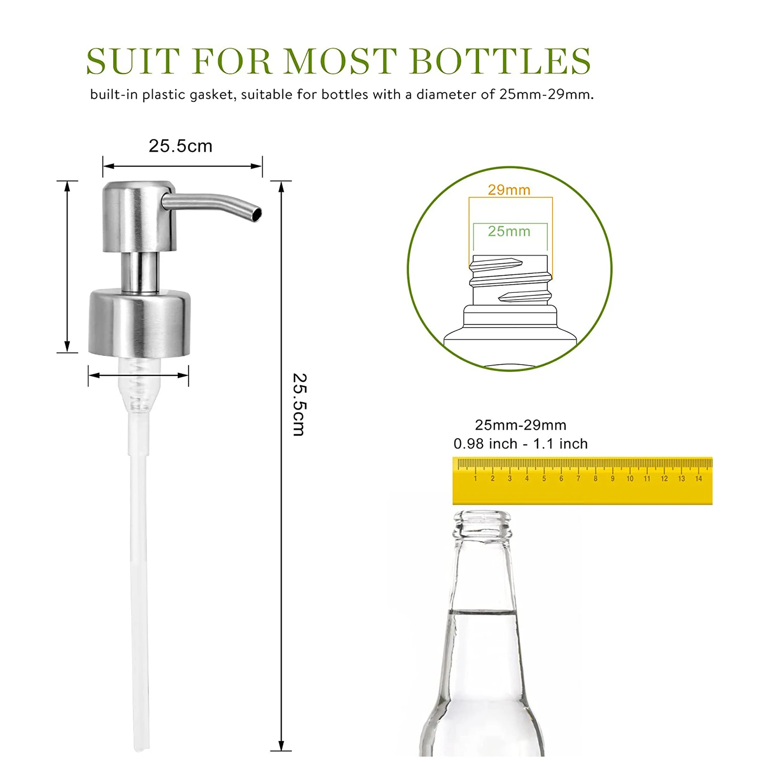 Dispensador de jabón de 4 piezas, bomba de acero inoxidable de repuesto para loción, botellas de cuello Regular 28/400 para Baño