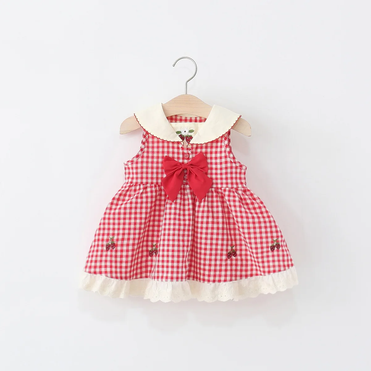 

Sweet Cherry Embroidered Bow Baby Girl Dress, Summer New Red Checkered Children'S Sleeveless Clothes (9 Months -4 Years Old)