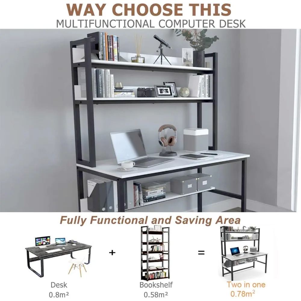 Computer Desk with Hutch and Bookshelf, 47 inch Wide White Home Office Desk with Space Saving Design, White Desk