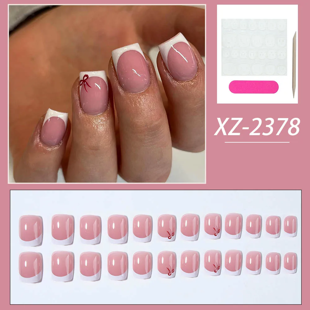 24pcs short square press nails, simple white French nails with bow trim, short coffin shaped fake nails for women and girls, inc