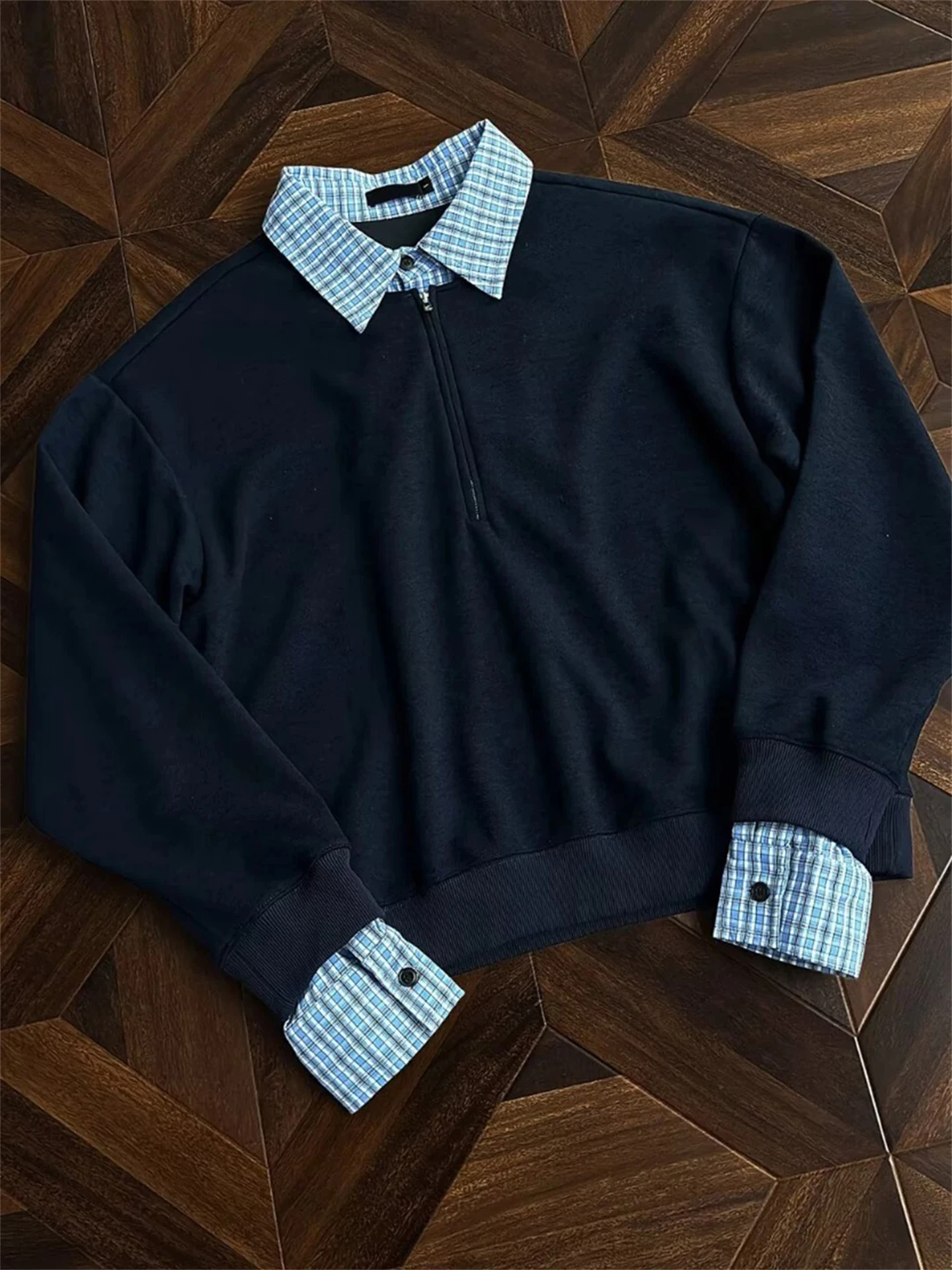 Retro Plaid Long Sleeve  Neck Sweatshirt Men's Spring Autumn Lazy Feel Miu Series T-Shirt Top Fashion Urban Style Straigh...