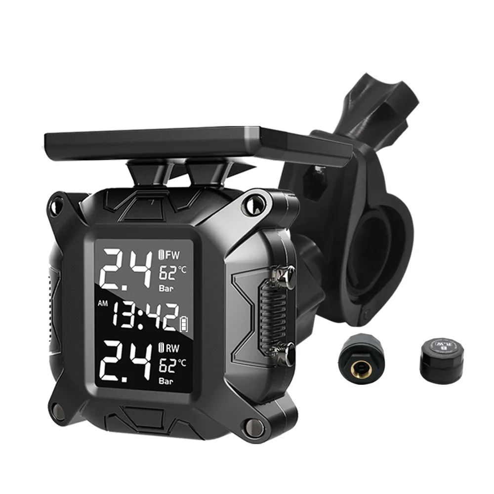 TPMS Solar Charging Wireless Motorcycle TPMS Motor Tire Pressure  Temperature Monitoring Alarm System With 2 External Sensor