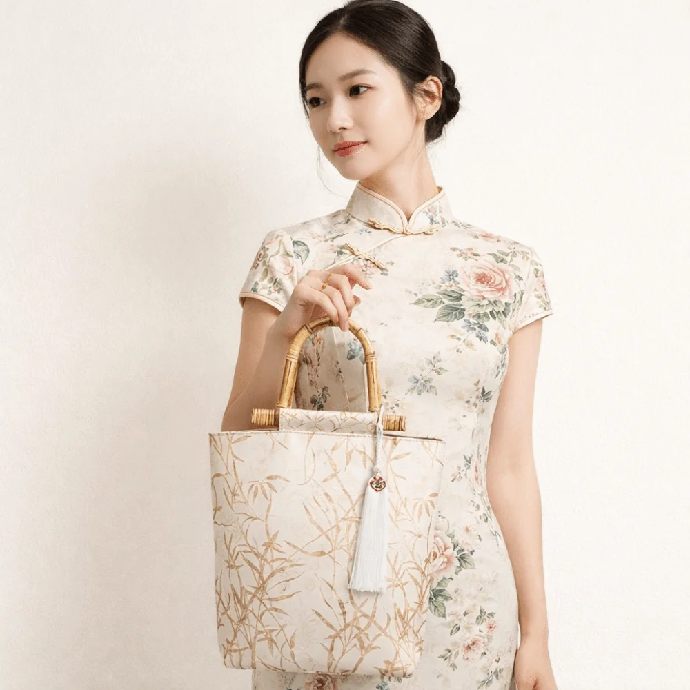 

Canvas Jacquard Tote Bag Bamboo Joint Large Capacity Chinese Style Handbag Hand-held Cheongsam Accessories Hanfu Underarm Bag