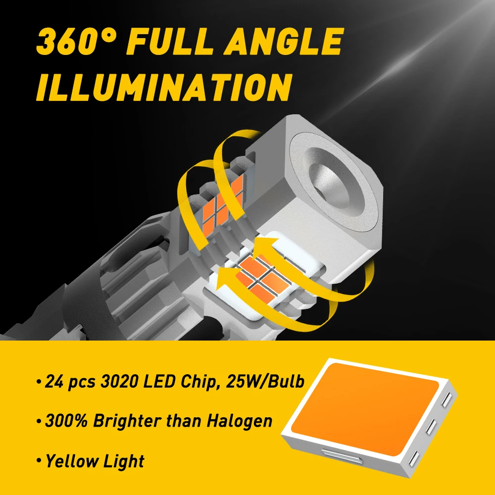 AUXITO 2x T25 3157 P27/7W LED Bulb No Hyperflash Canbus Amber Yellow Car Turn Signal Lights 12V 24Pcs 3020SMD 3457 P27W LED Lamp