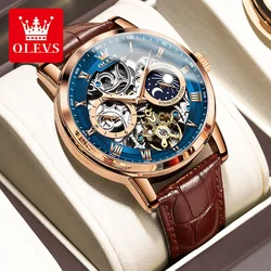 OLEVS Top Brand Men's Skeleton Mechanical Watch Waterproof Leather Strap Men Moon Phase Automatic Tourbillon Wristwatch for Men