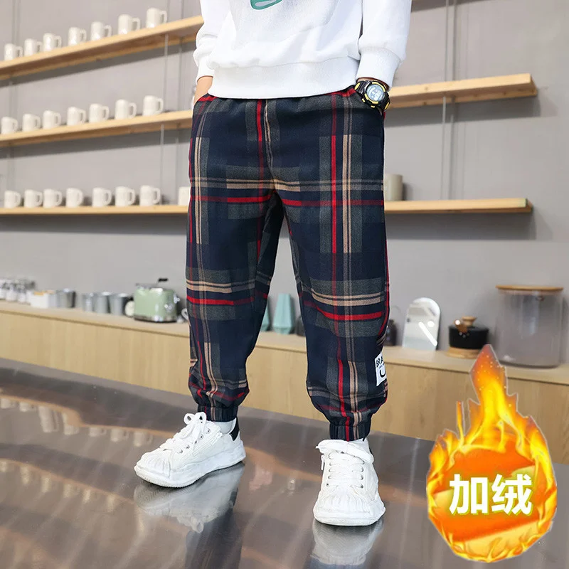 Boys Thick Plaid Pants Spring Autumn Girls Plus Velvet Warm Drawstring Kids Trend Trousers Fashion Teen Sport Casual Pants 4-12Y