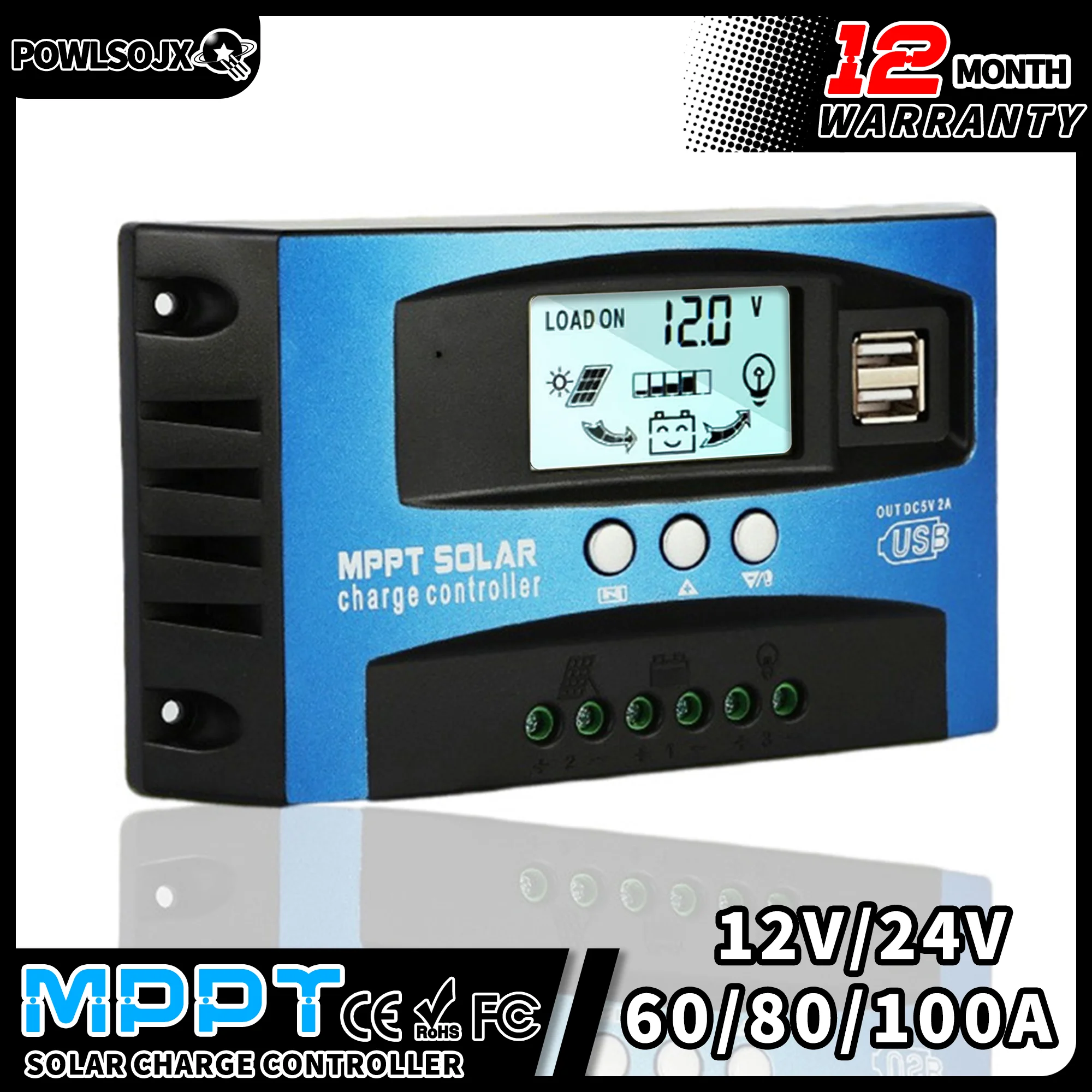 POWLSOJX 60/80/100A Solar Charge Controller 12V 24V Dual USB LCD Display Auto Cell Panel Charger Regulator With Load
