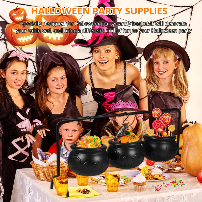 Halloween Candy Bowl Decorations, Set of 3 Black Plastic Cauldron Bowls with Iron Rack, Halloween Party Decorations Candy Bucket