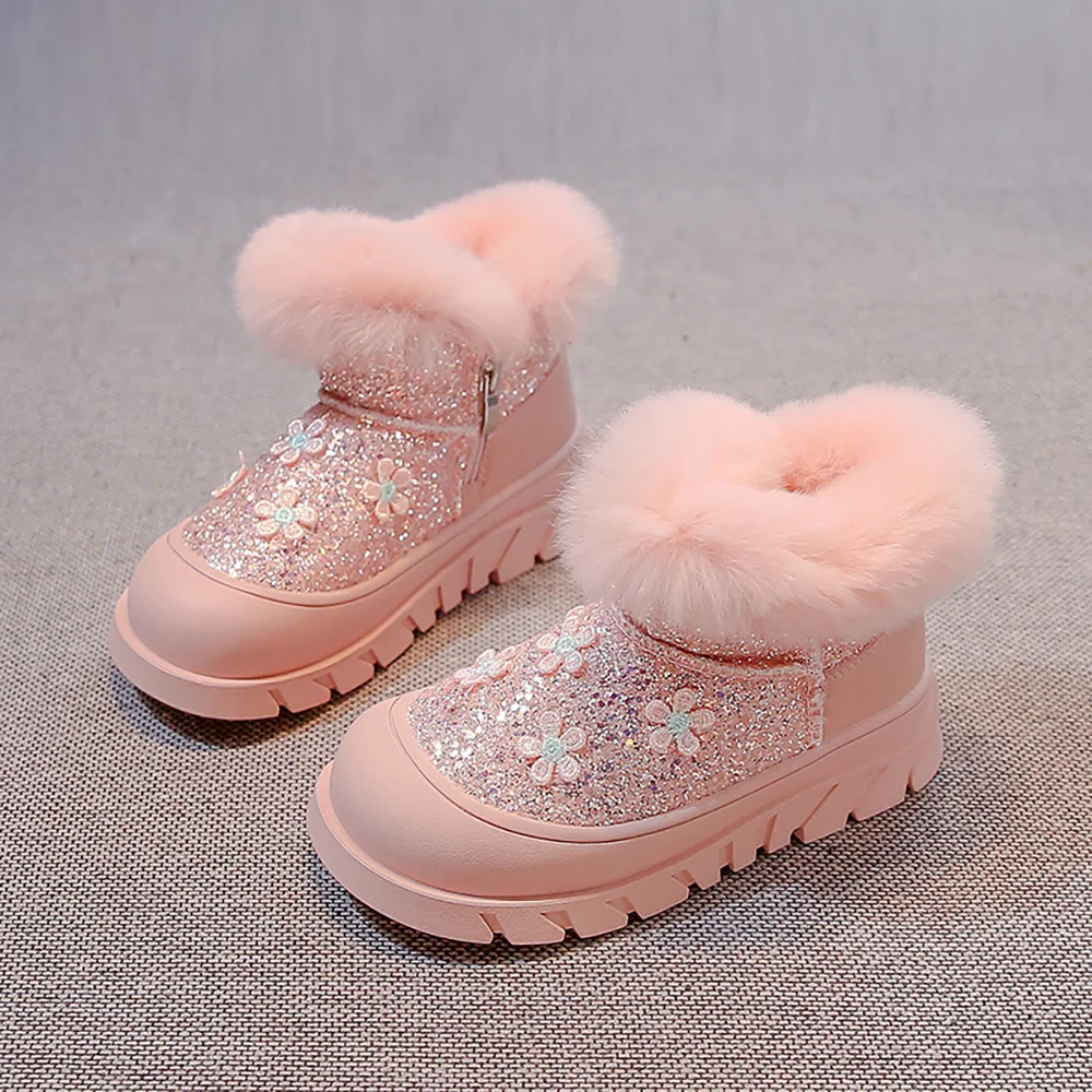 

Faux Fur Winter Boots For Girls Trend Fashion Glitter Kid's Snow Boots Thick Warm Plush Warm Children's Cotton Shoes Velvet Shoe