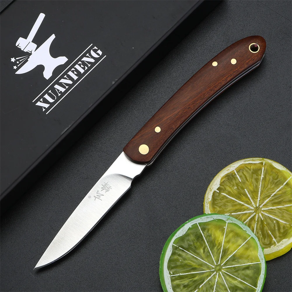 Sandalwood brass handle outdoor folding knife 420 steel high hardness outdoor hunting knife camping survival tool knife