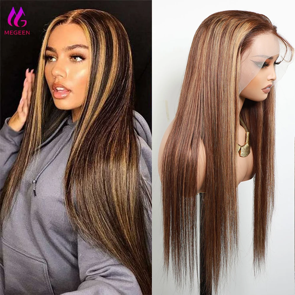 

Megeen P4/27 Colored Pre Plucked Honey Blonde 100% Human Hair Highlight Straight 13X4 Lace Front Wig Human Hair Lace Frontal Wig