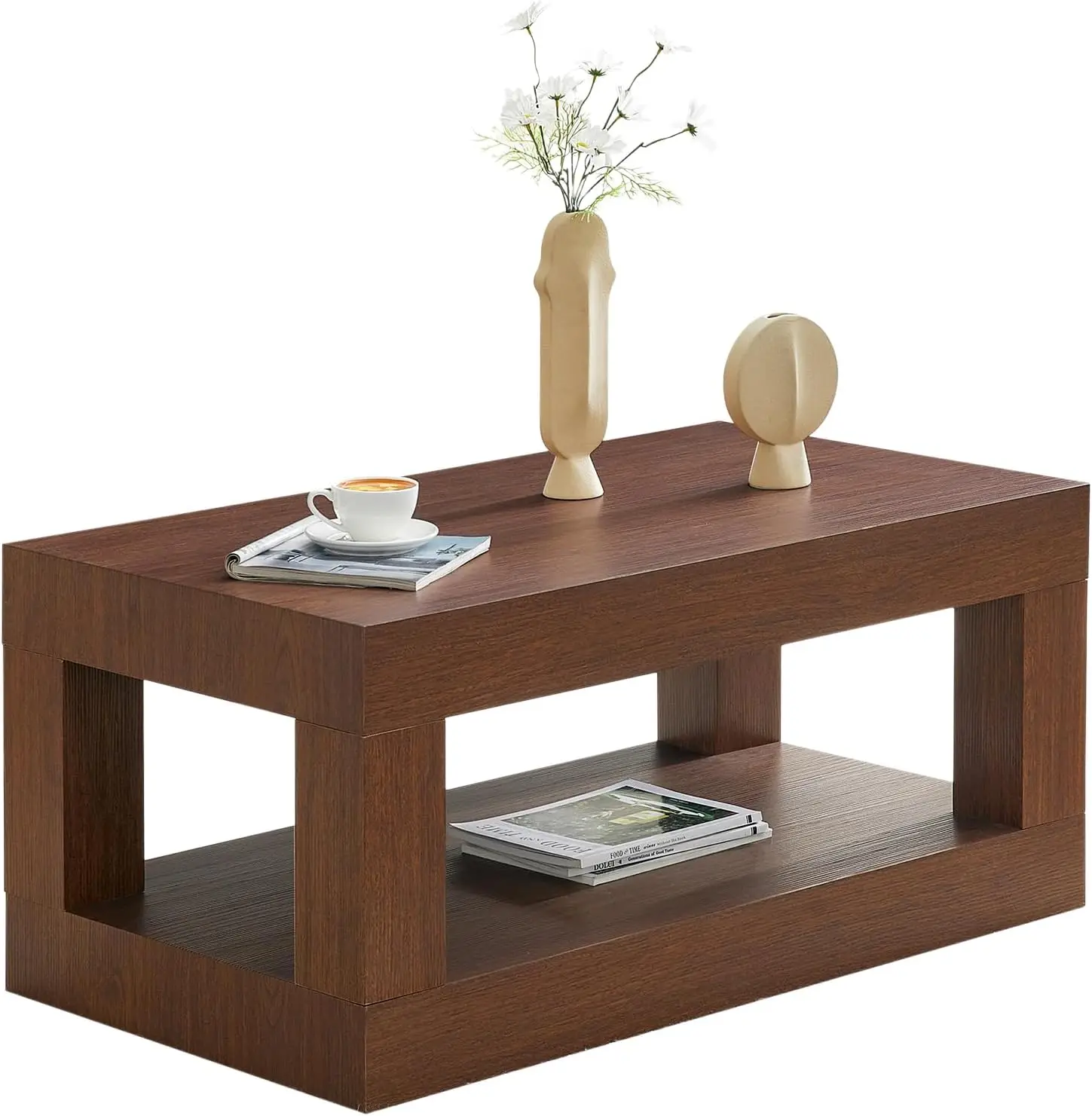 

Двухуровневый журнальный столик с местом для хранения, прямоугольный центральный стол в стиле середины века, 39,4 дюйма, большой акцентный столик в стиле фермерского дома с массивной столешницей