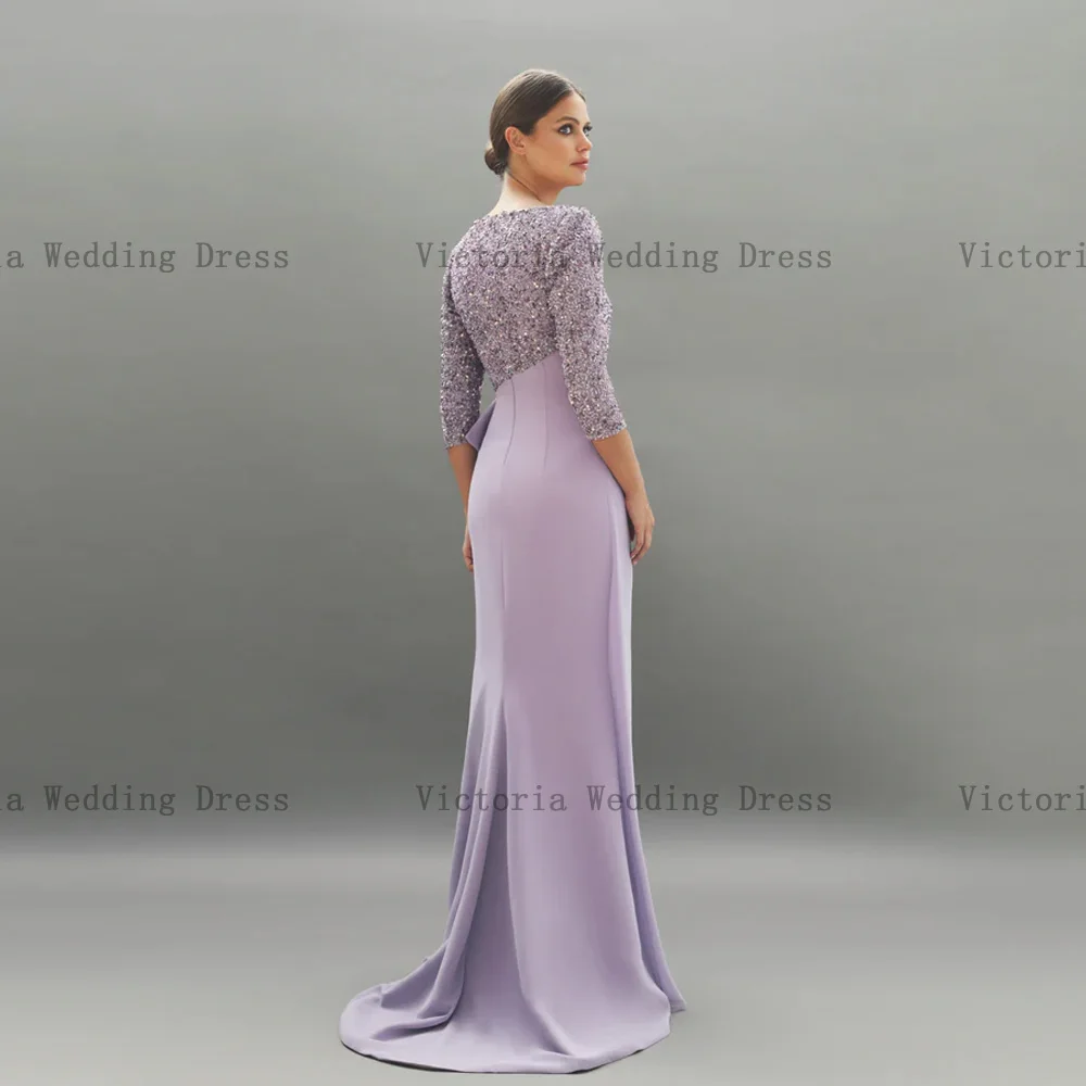 Vestidos Elegantes de lavanda para madre de la novia, vestidos de fiesta de boda de sirena con cuello redondo y mangas 3/4, longitud hasta el suelo con cuentas